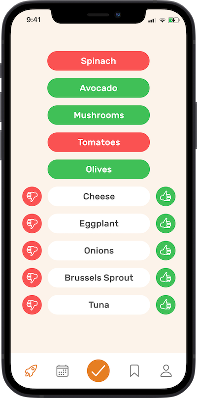 iPhone app preferences selection screen for Omnifood