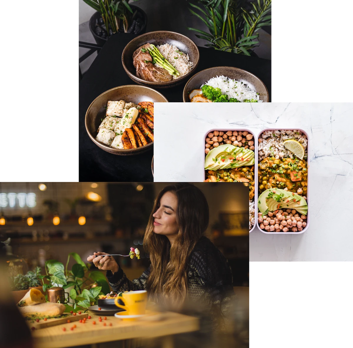 Woman enjoying food, meals in storage container
            and food bowls on a table